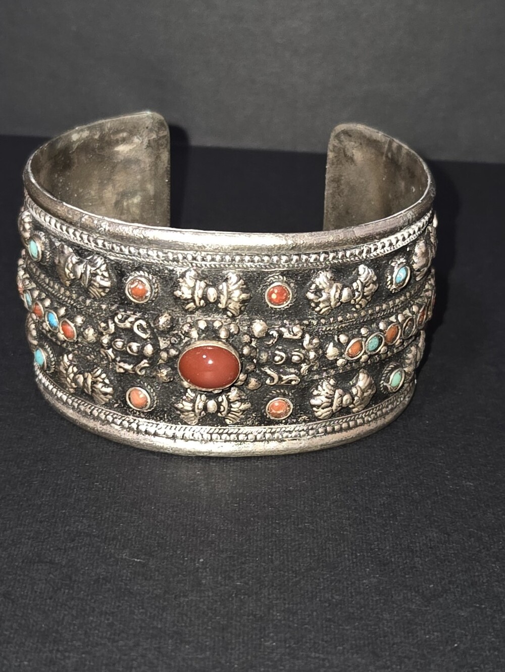 Wide Cuff Bracelet Silver Tone Turquoise Coral Colors - Tibetan Style